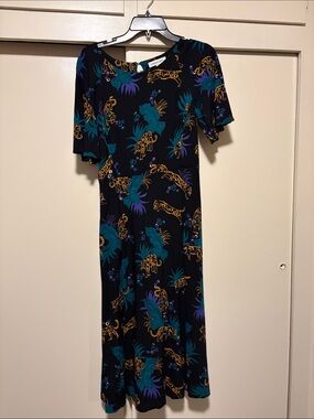 Emily and Fin  Black Midi Dress with Teal, Purple & Gold Leopard Print EUC Small